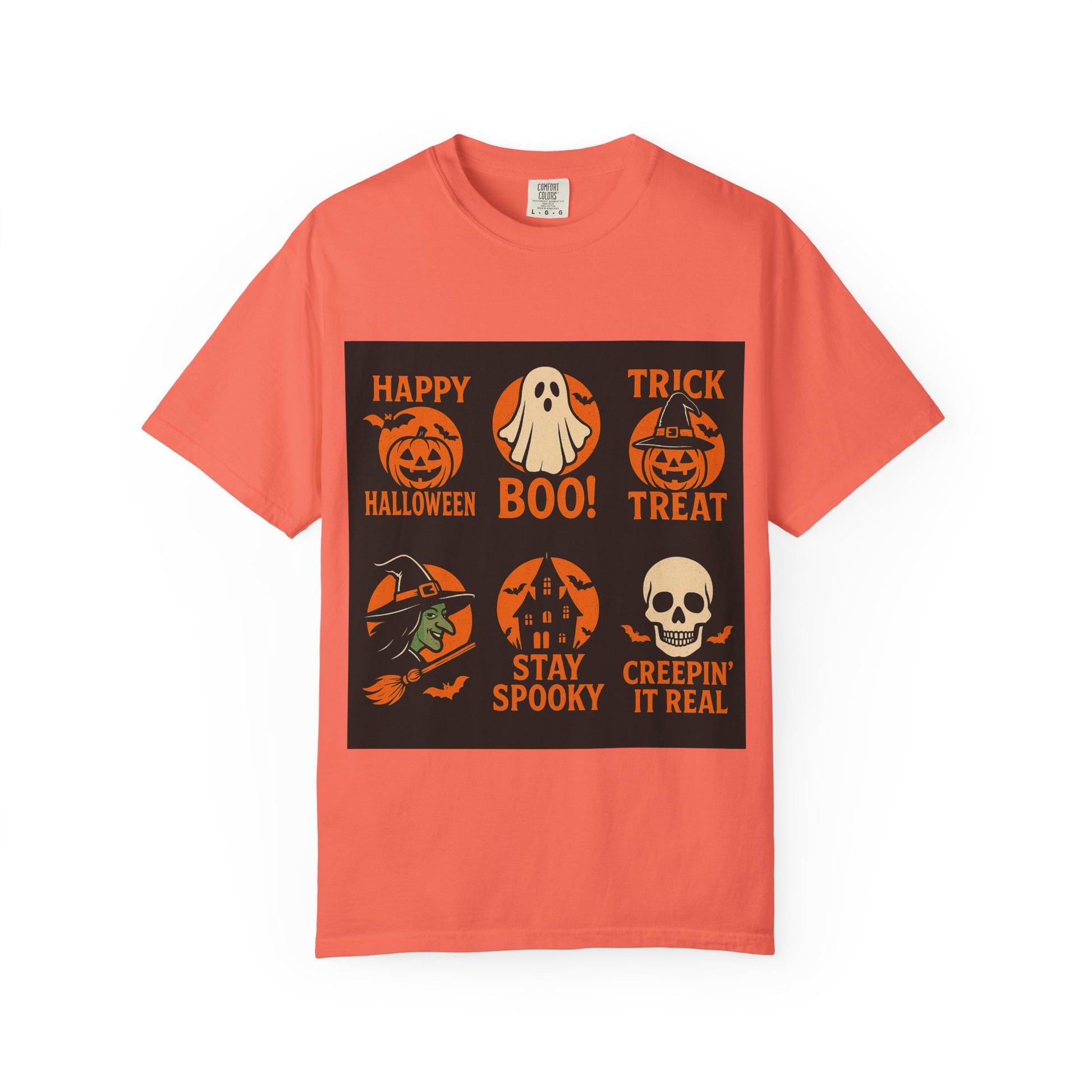 Unisex spooky Halloween graphic tees featuring bold fall-themed prints, perfect for seasonal wear, costume parties, or gifting during autumn celebrations.