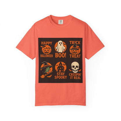 Unisex spooky Halloween graphic tees featuring bold fall-themed prints, perfect for seasonal wear, costume parties, or gifting during autumn celebrations.