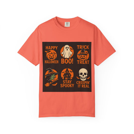 Unisex spooky Halloween graphic tees featuring bold fall-themed prints, perfect for seasonal wear, costume parties, or gifting during autumn celebrations.