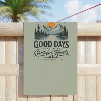 Good Days Grateful Hearts Beach Towel | Mountain Sunrise Print