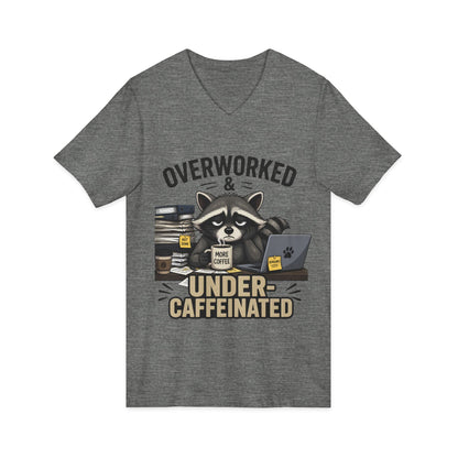 Overworked & Under-Caffeinated V-Neck Tee – Cute Raccoon Coffee Shirt