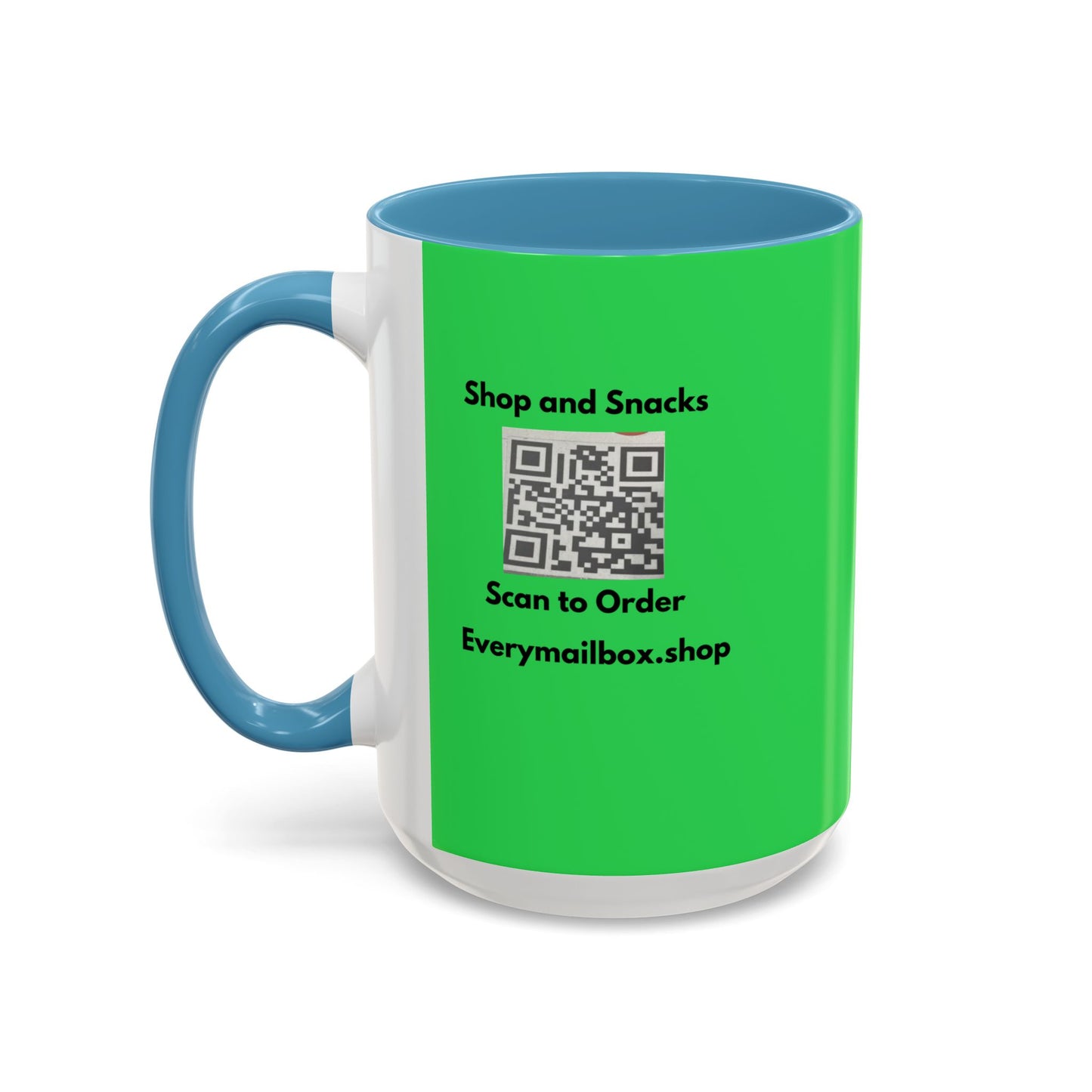 Accent Coffee Mug — 'Shop and Snacks' QR Code Promotional Coffee Mug (11/15 oz)