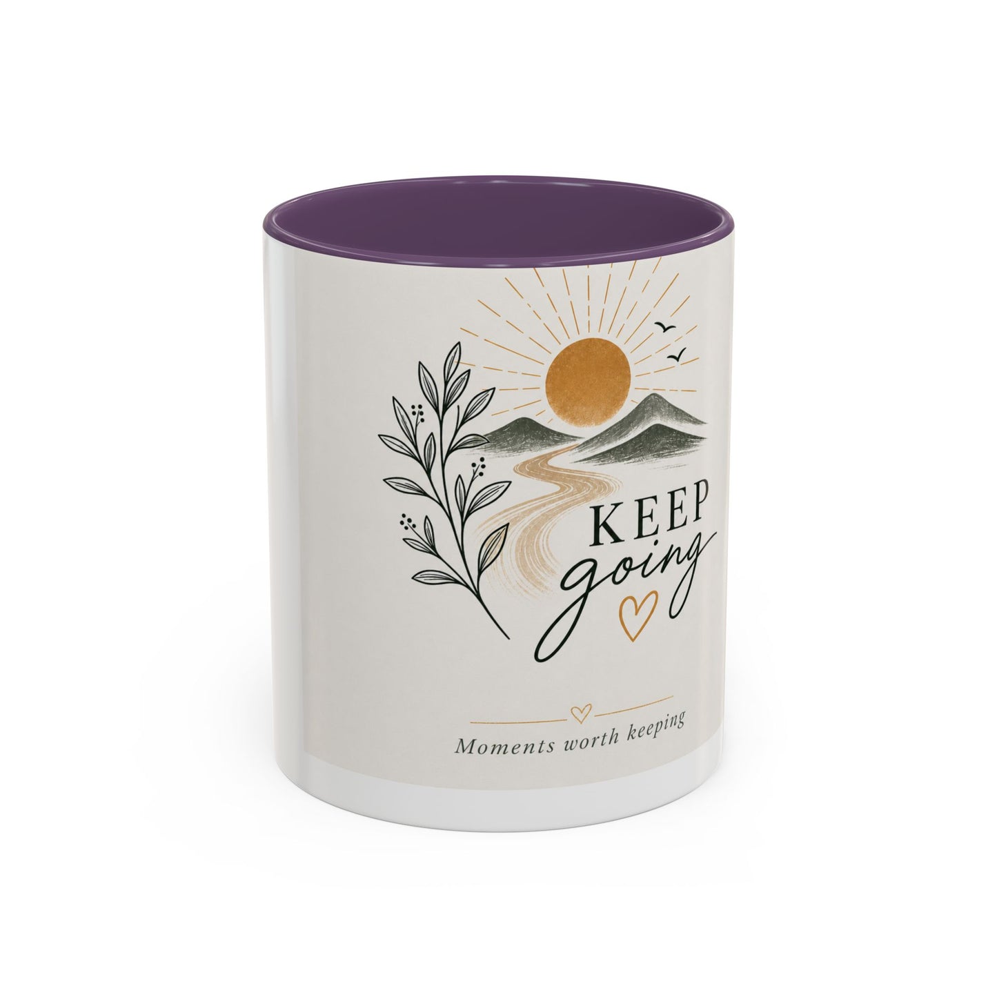 Keep Going Accent Coffee Mug — Inspirational Morning Mug with Sun & Mountains Design (11/15 oz)