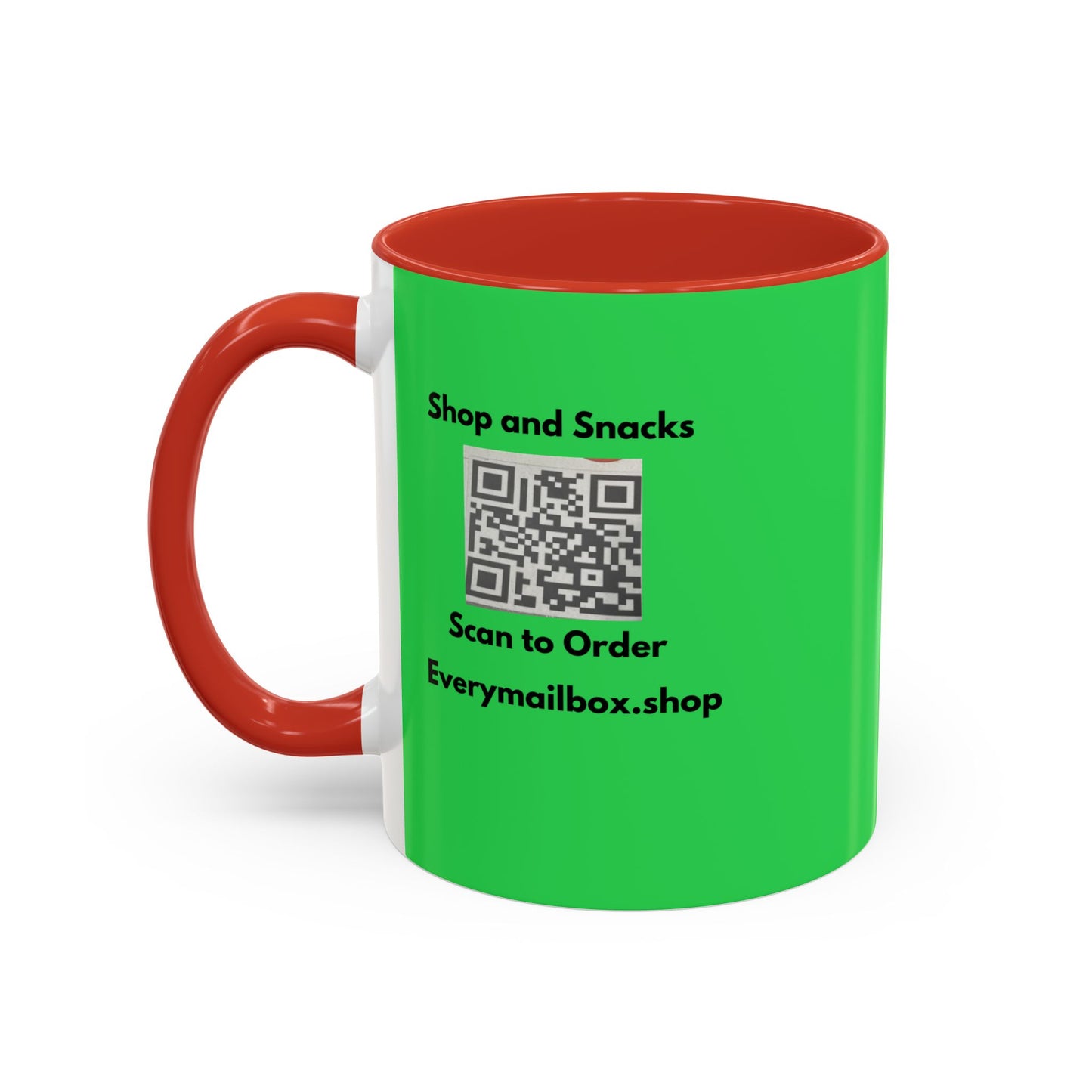 Accent Coffee Mug — 'Shop and Snacks' QR Code Promotional Coffee Mug (11/15 oz)