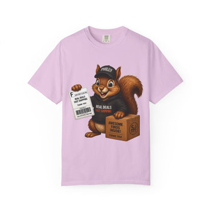 Delivery Squirrel T-Shirt — Cute Parcel Mascot Tee with 'Real Deals' Box