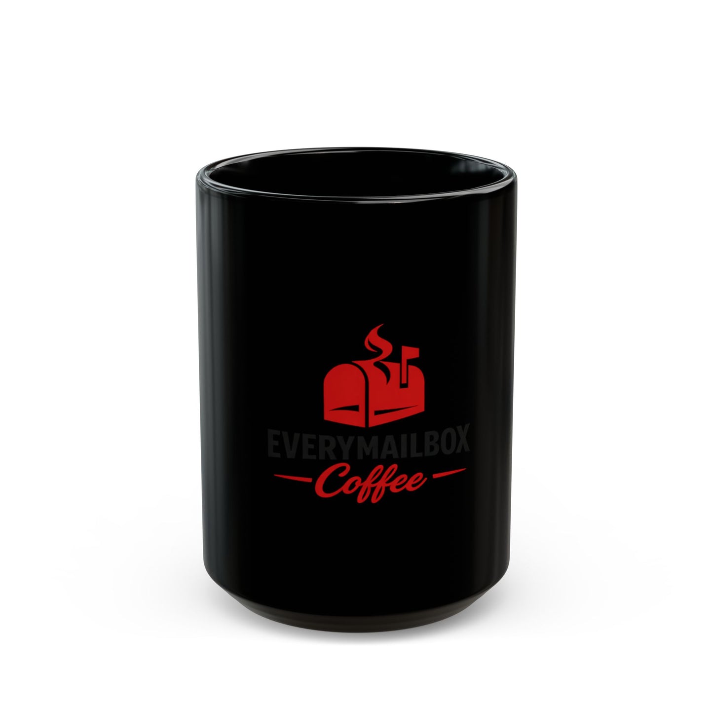 EveryMailBox Coffee Mug — Black Ceramic Cup with Bold Red Logo | 11oz & 15oz