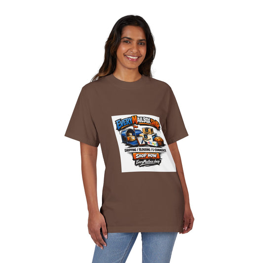 Person wearing a brown t-shirt with a graphic design on a white background