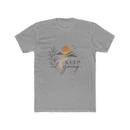 Back view of the Keep Going white graphic t-shirt on a bright cyan background, showing a clean unisex crew neck tee — EveryMailBox Print Shop