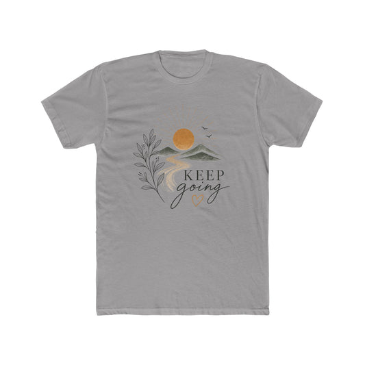 Back view of the Keep Going white graphic t-shirt on a bright cyan background, showing a clean unisex crew neck tee — EveryMailBox Print Shop