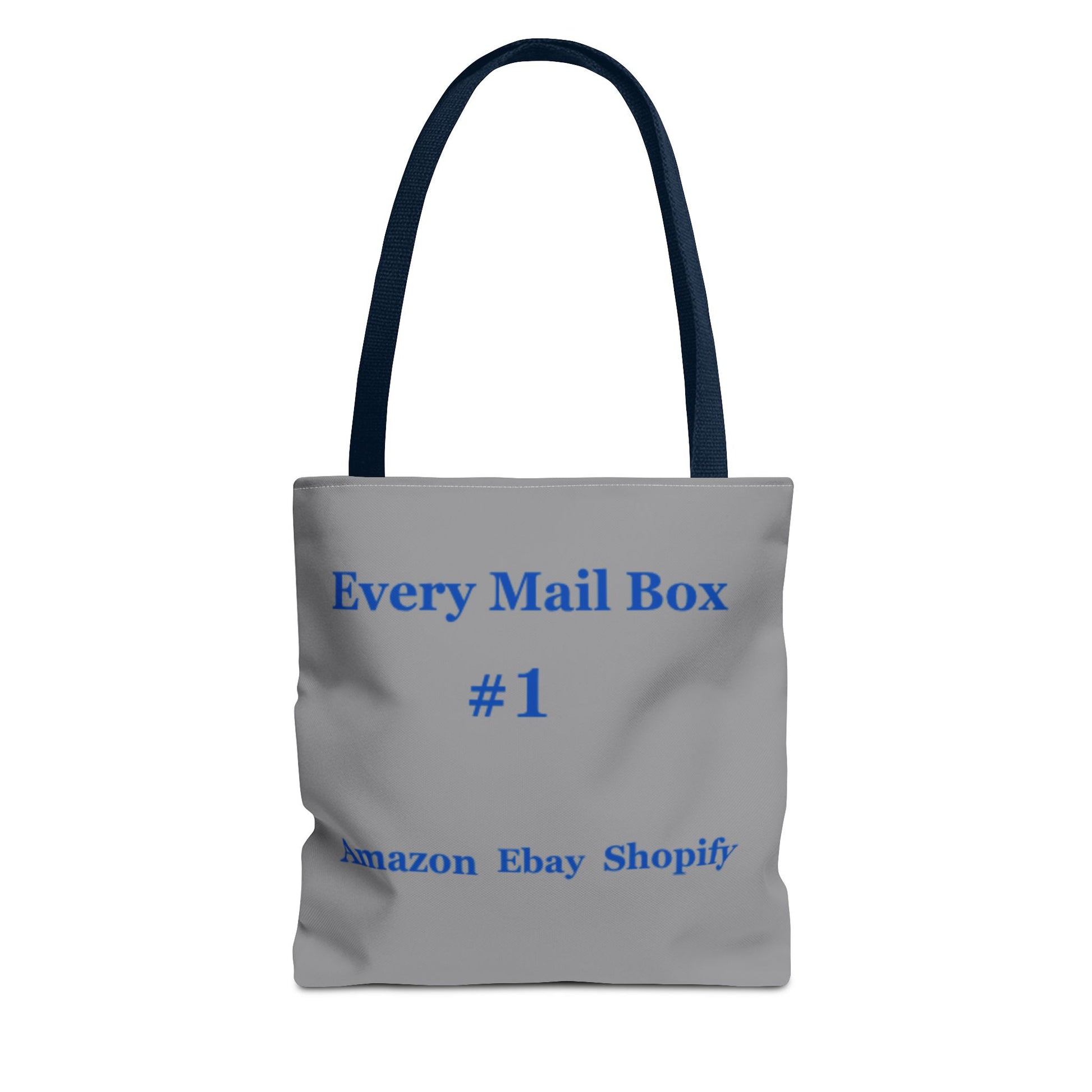 Gray tote bag with blue text on a white background