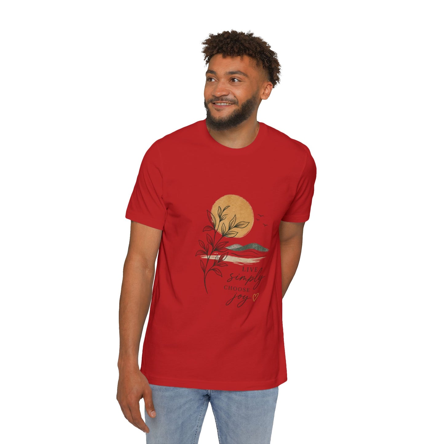 Inspirational Graphic T-Shirt — "Live Simply, Choose Joy" Sun & Botanical Design