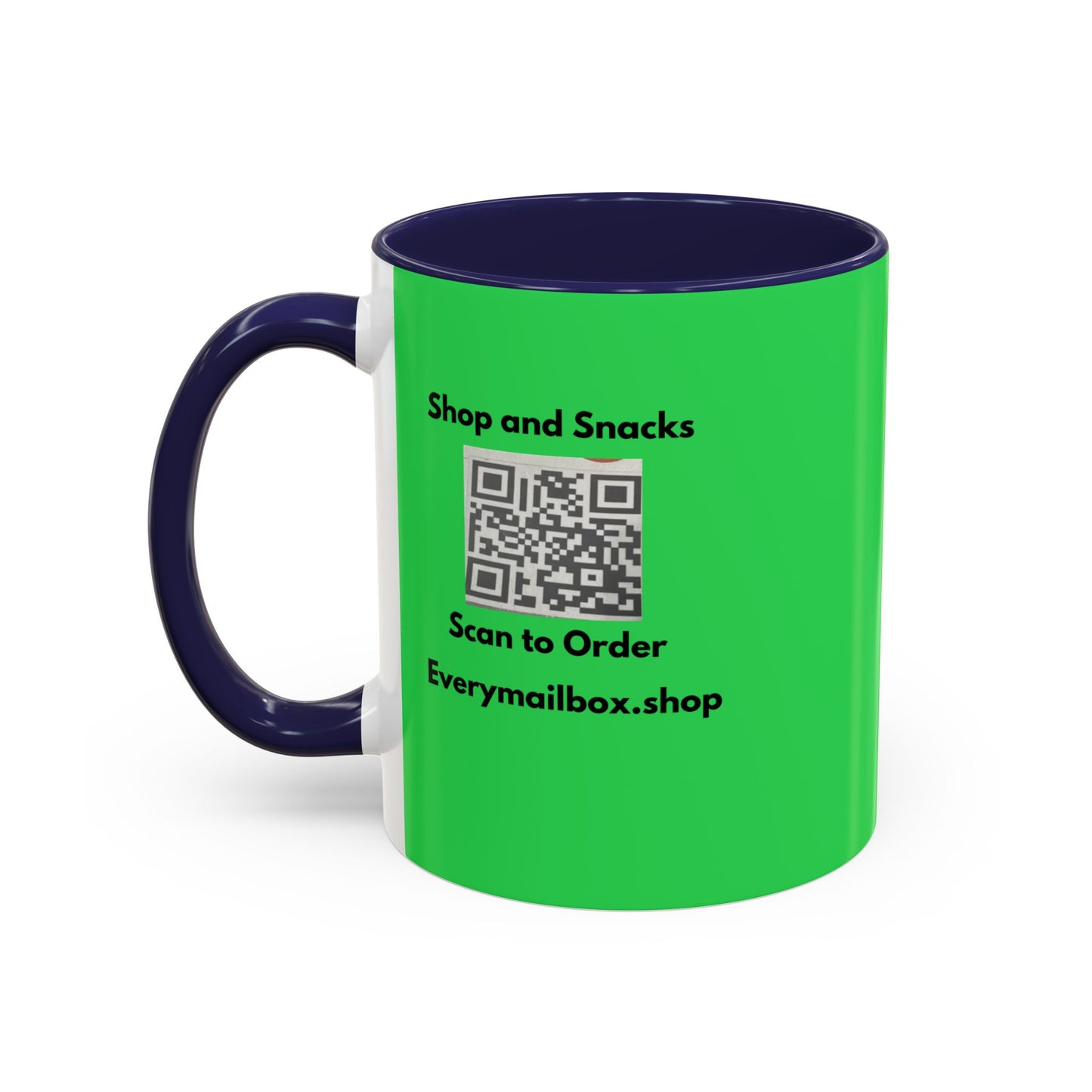 Accent Coffee Mug — 'Shop and Snacks' QR Code Promotional Coffee Mug (11/15 oz)