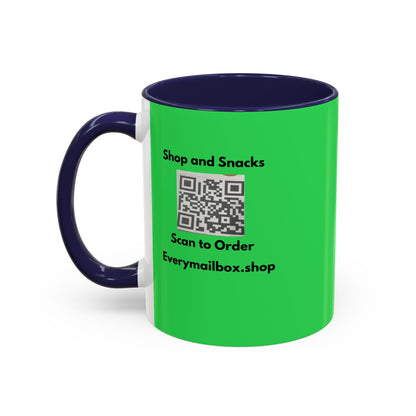 Accent Coffee Mug — 'Shop and Snacks' QR Code Promotional Coffee Mug (11/15 oz)