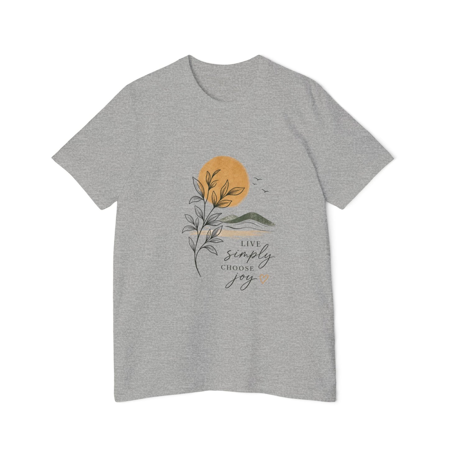 Inspirational Graphic T-Shirt — "Live Simply, Choose Joy" Sun & Botanical Design