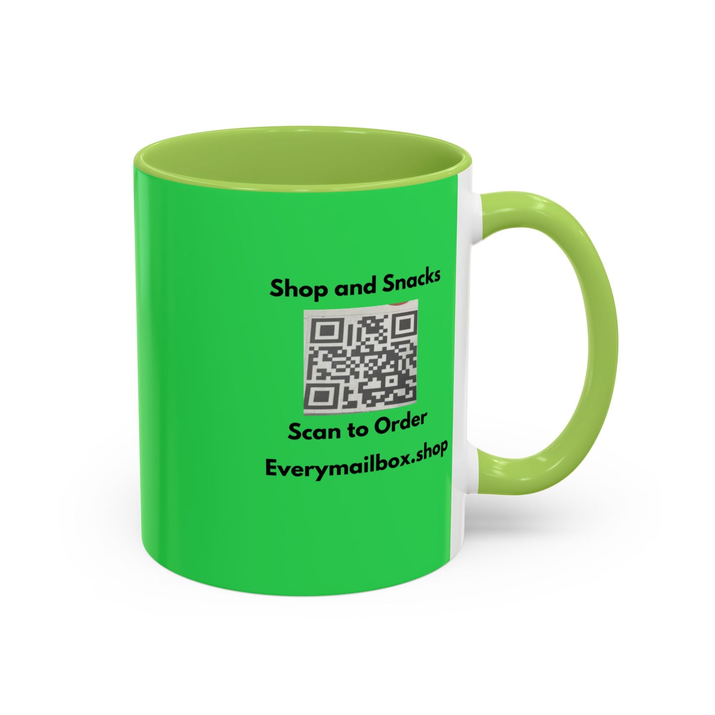 Accent Coffee Mug — 'Shop and Snacks' QR Code Promotional Coffee Mug (11/15 oz)