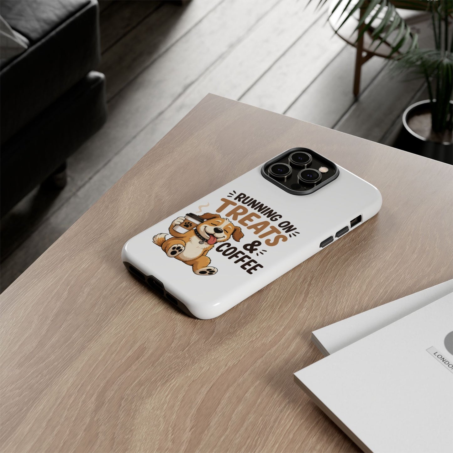 Running on Treats & Coffee Phone Case | Cute Dog Design for iPhone & Samsung