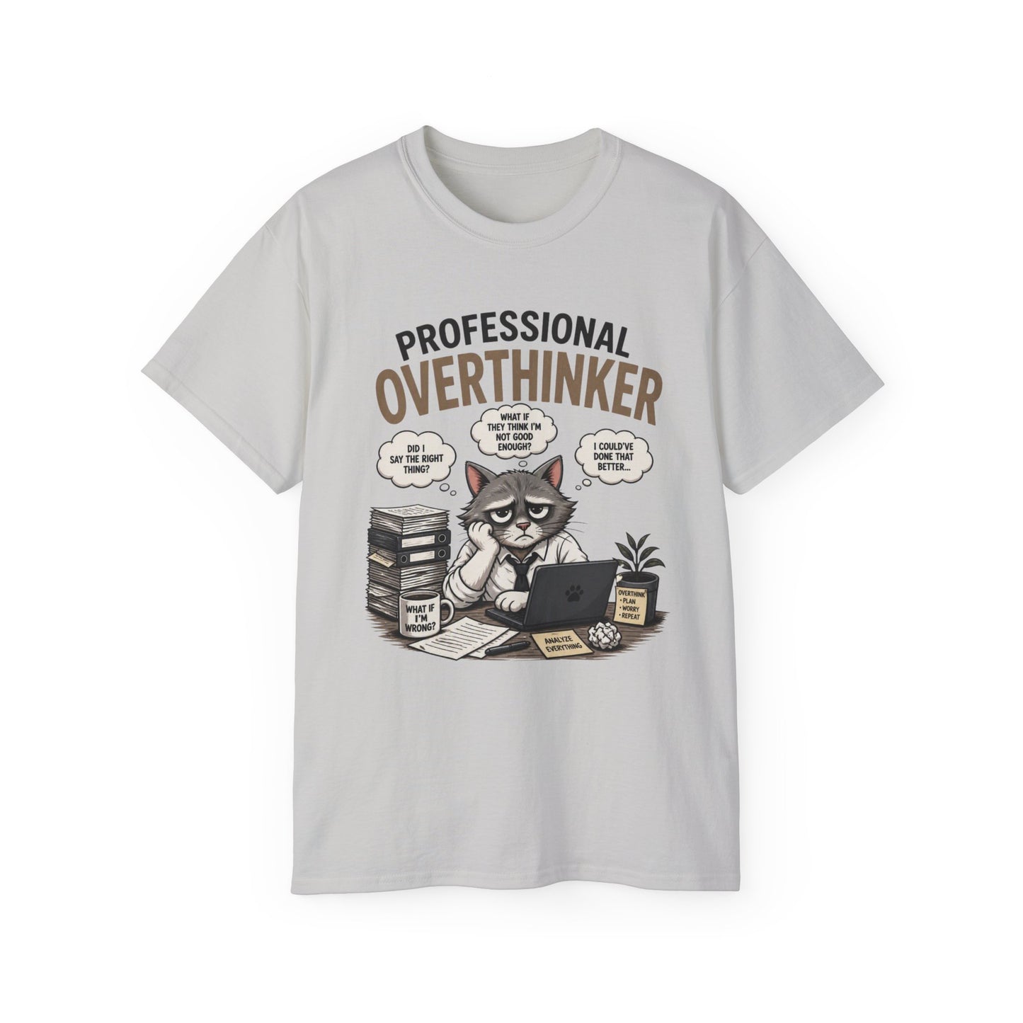 Professional Overthinker T-Shirt – Funny Cat Overworking Graphic Tee