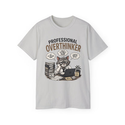Professional Overthinker T-Shirt – Funny Cat Overworking Graphic Tee
