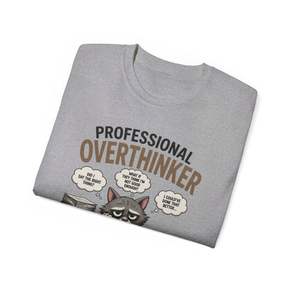 Professional Overthinker T-Shirt – Funny Cat Overworking Graphic Tee