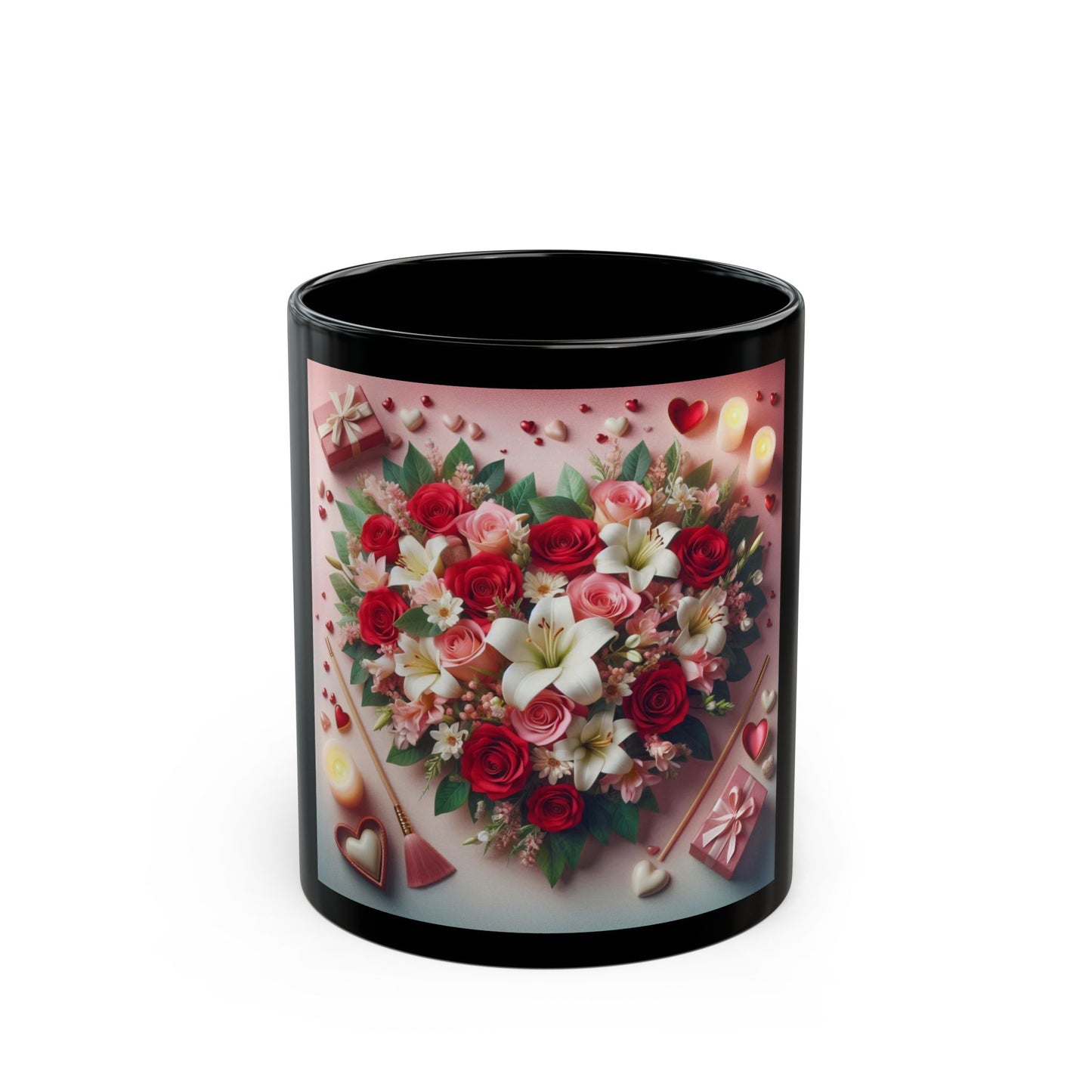 Romantic Floral Heart Black Mug - 11oz & 15oz - Perfect Gift for Valentine's Day