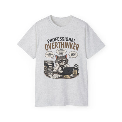 Professional Overthinker T-Shirt – Funny Cat Overworking Graphic Tee