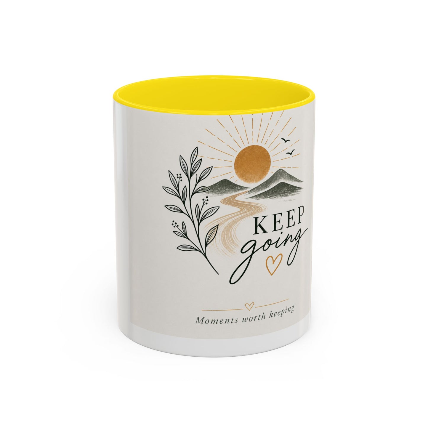 Keep Going Accent Coffee Mug — Inspirational Morning Mug with Sun & Mountains Design (11/15 oz)