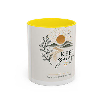 Keep Going Accent Coffee Mug — Inspirational Morning Mug with Sun & Mountains Design (11/15 oz)