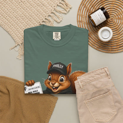 Delivery Squirrel T-Shirt — Cute Parcel Mascot Tee with 'Real Deals' Box