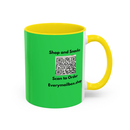 Accent Coffee Mug — 'Shop and Snacks' QR Code Promotional Coffee Mug (11/15 oz)