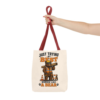 Just Trying My Best Tote Bag - Cute Construction Bear Canvas Tote