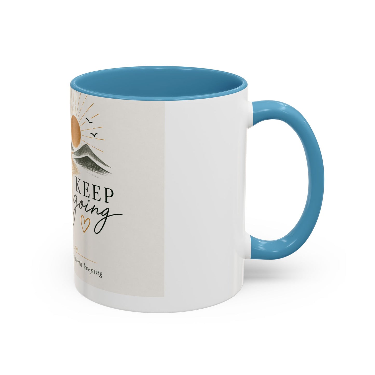Keep Going Accent Coffee Mug — Inspirational Morning Mug with Sun & Mountains Design (11/15 oz)