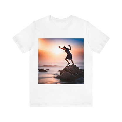 Unisex Jersey Short Sleeve Tee Guy on rock