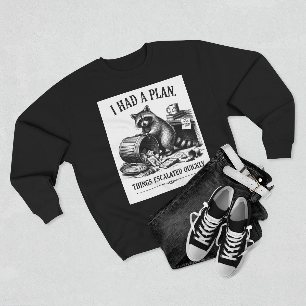 Funny Raccoon Sweatshirt — 'I Had a Plan' Graphic Crewneck