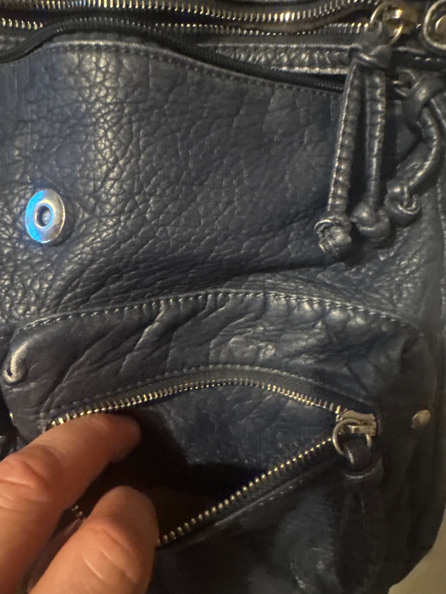 Navy Textured Mini Handbag with Front Zipper Pocket Top Handle