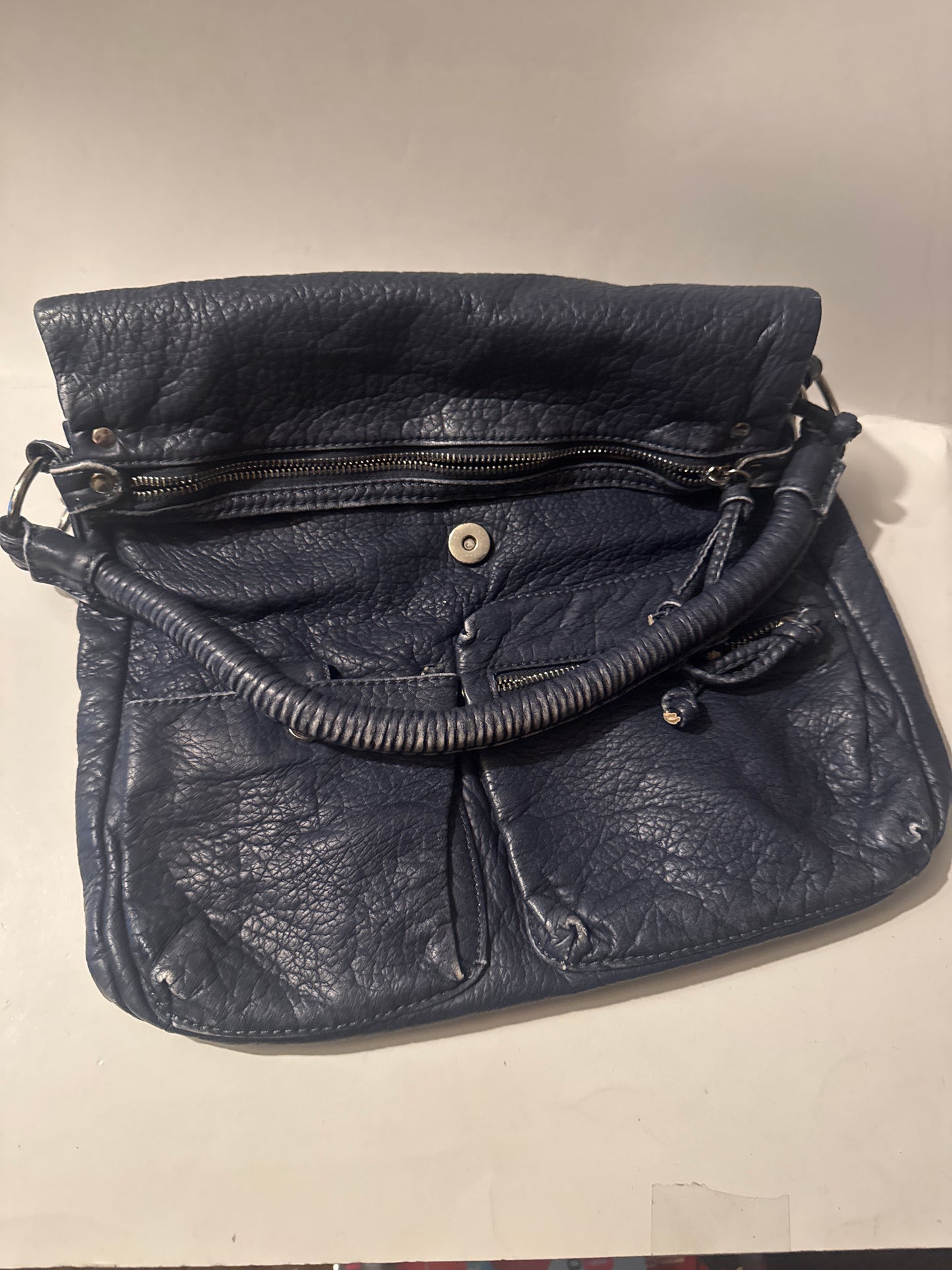 Navy Textured Mini Handbag with Front Zipper Pocket Top Handle