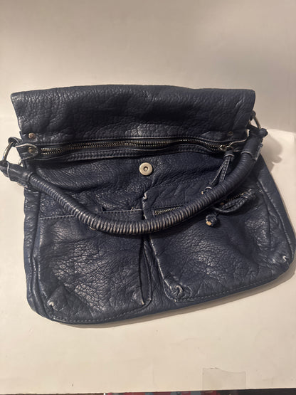 Navy Textured Mini Handbag with Front Zipper Pocket Top Handle