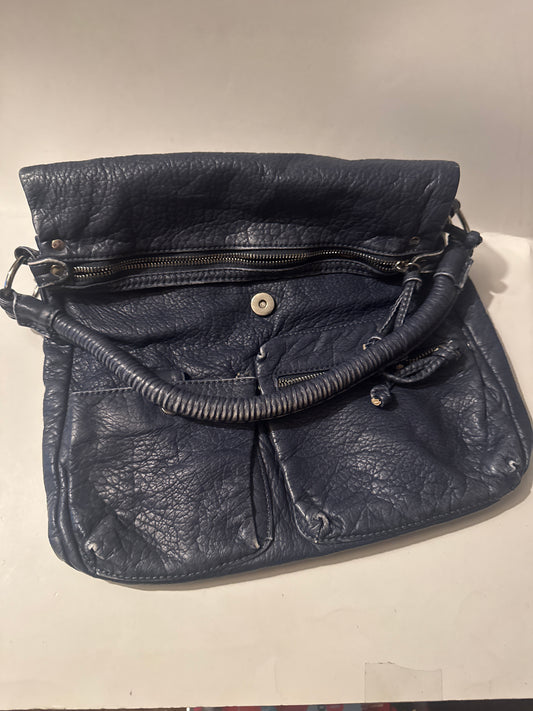 Navy Textured Mini Handbag with Front Zipper Pocket Top Handle