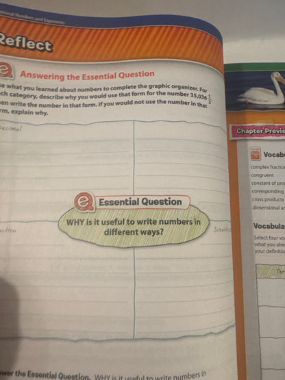 Textbook page with an 'Essential Question' on a white background