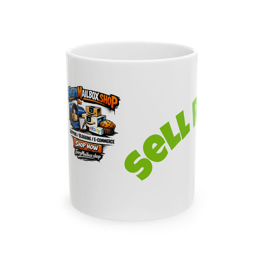 White mug with colorful graphics and text on a white background