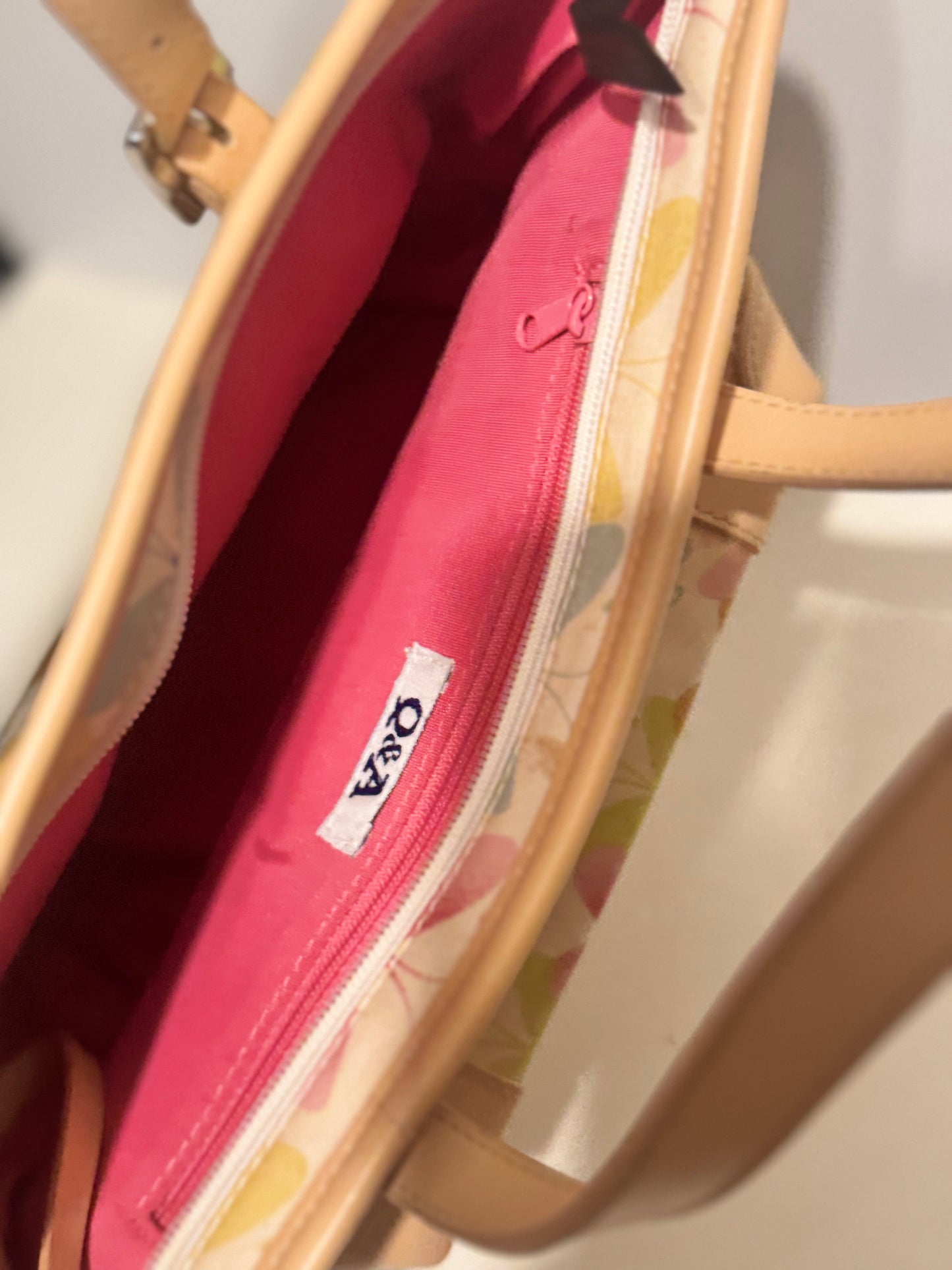 Q&A Floral Handbag with Pink Lining and Beige Straps