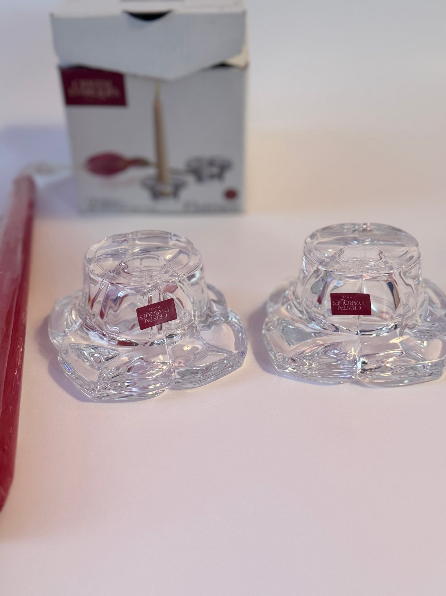 Elegant Crystal Candle Holders Set with Red Candle - CRISTAL D'ARQUES