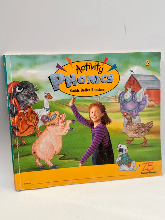 Cover of Activity Phonics Book 2 – Fun Reading Skills for Kids, featuring colorful illustrations and early literacy themes.