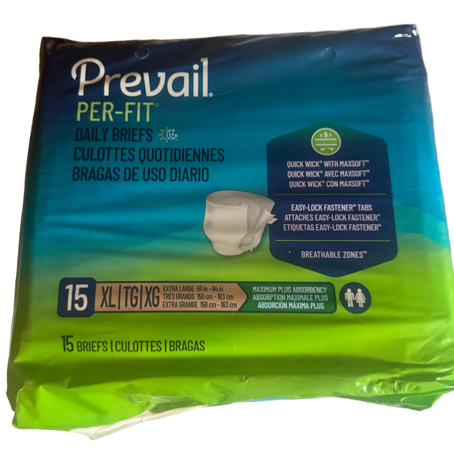 A package of Prevail Per-Fit daily briefs for adults, size 15, laid on a wrinkled white sheet. The packaging features a blue-to-green gradient with a bright lime-green bottom section and white branding text.