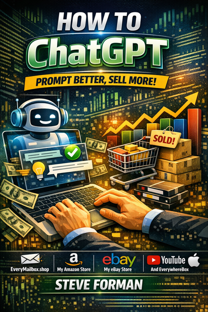 Book cover of 'How to ChatGPT: Prompt Better, Sell More!' by Steve Forman with a hand using a laptop and business elements.
