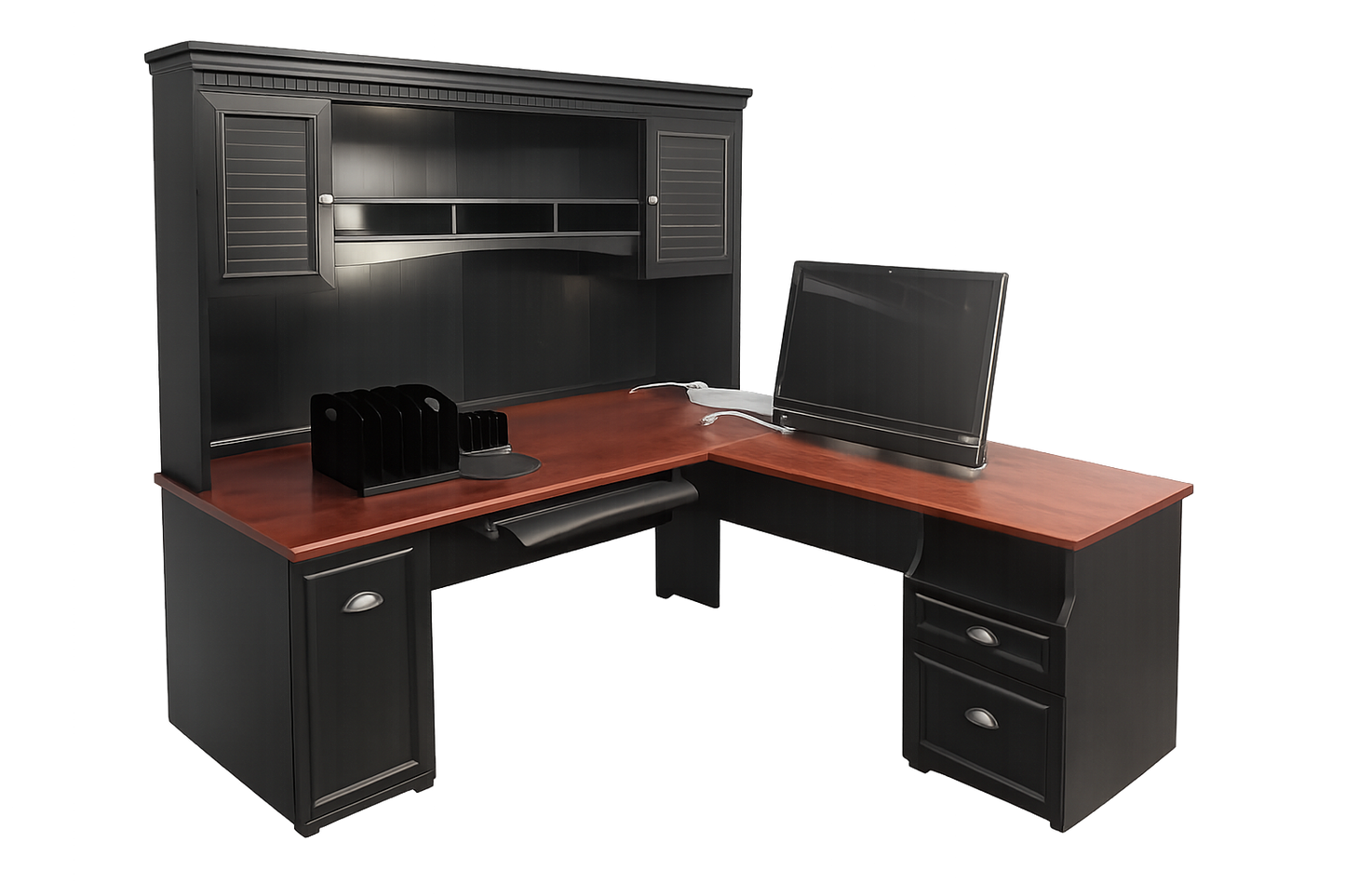 Executive L‑Shaped Desk with Hutch & Storage Drawers — $600