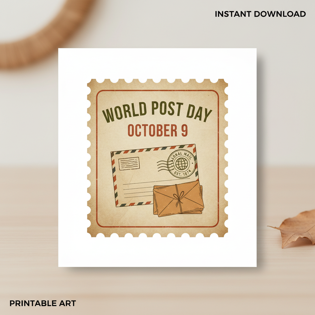 World Post Day digital download printable art with vintage stamp and postal theme
