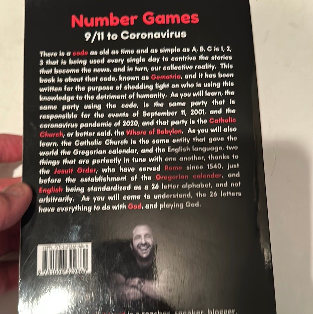 Back cover of Number Games 9 11 to Coronavirus book showing detailed text about connections books on events and symbolism