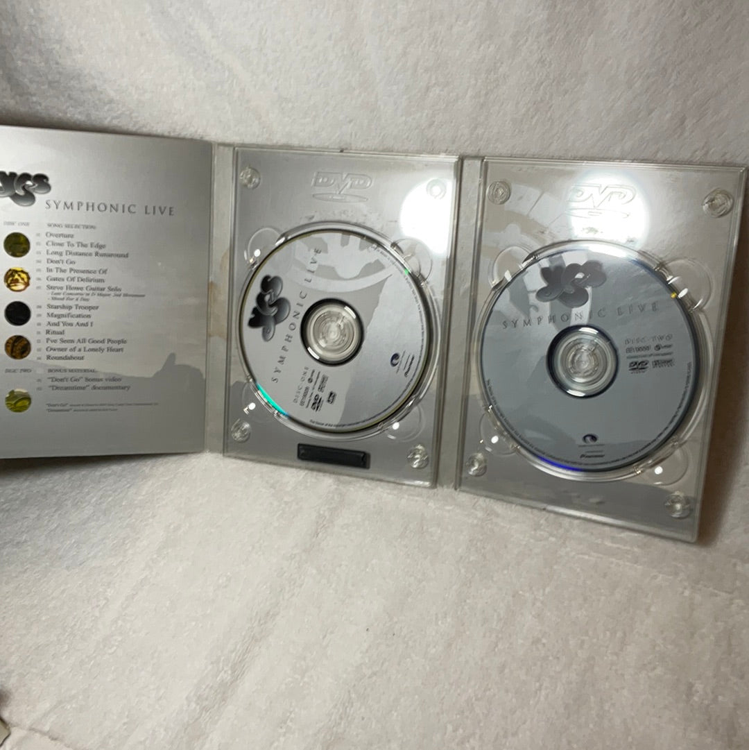 Open Yes Symphonic Live DVD case showing two discs and track list inside with silver and black design