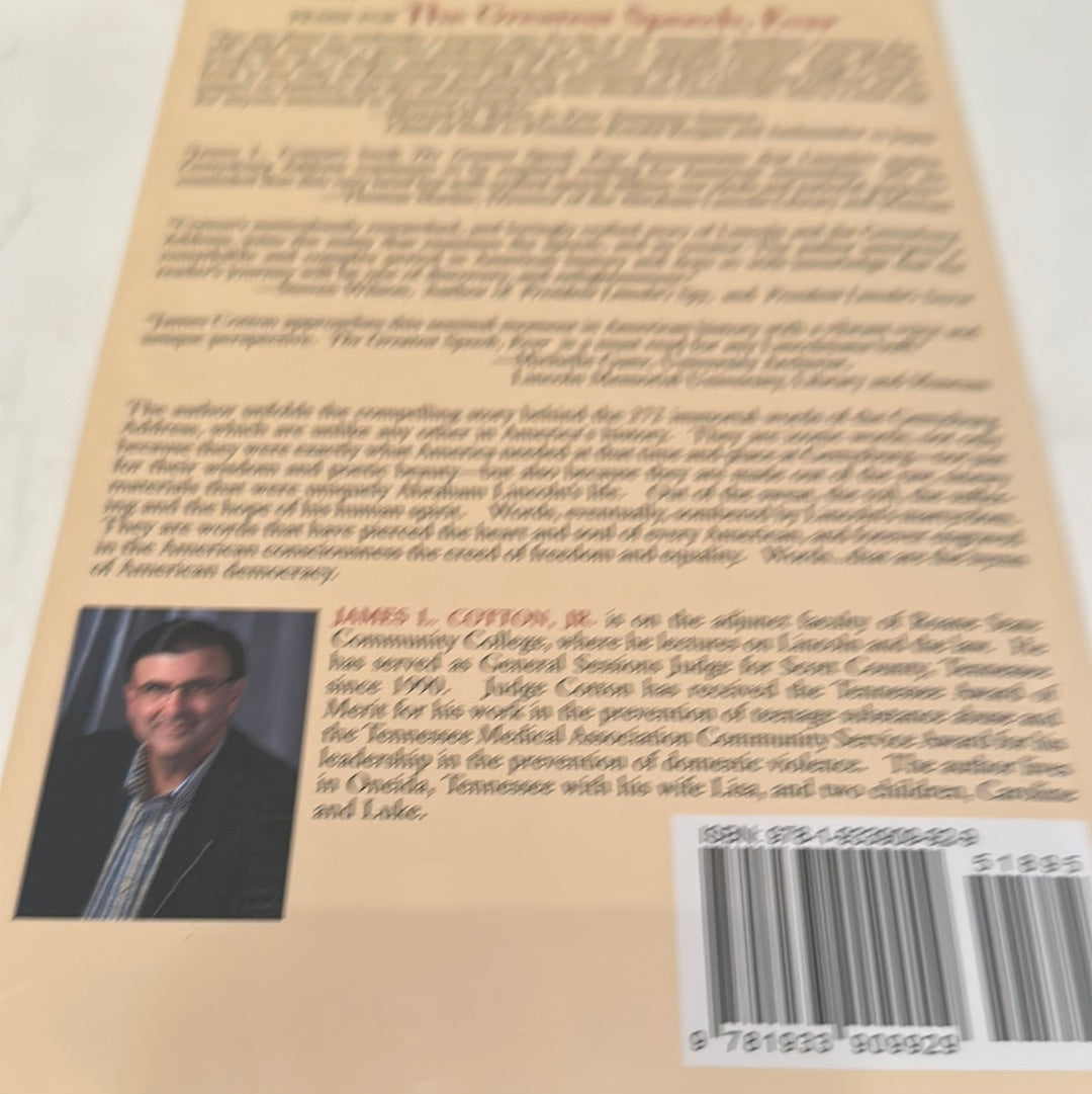 Back cover of the Abraham Lincoln Gettysburg Address book featuring author bio and barcode