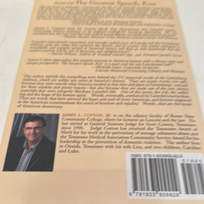 Back cover of the Abraham Lincoln Gettysburg Address book featuring author bio and barcode